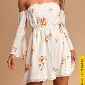 Lulu’s Lush Gardens Ivory Floral Print Off-The-Shoulder Mini Dress